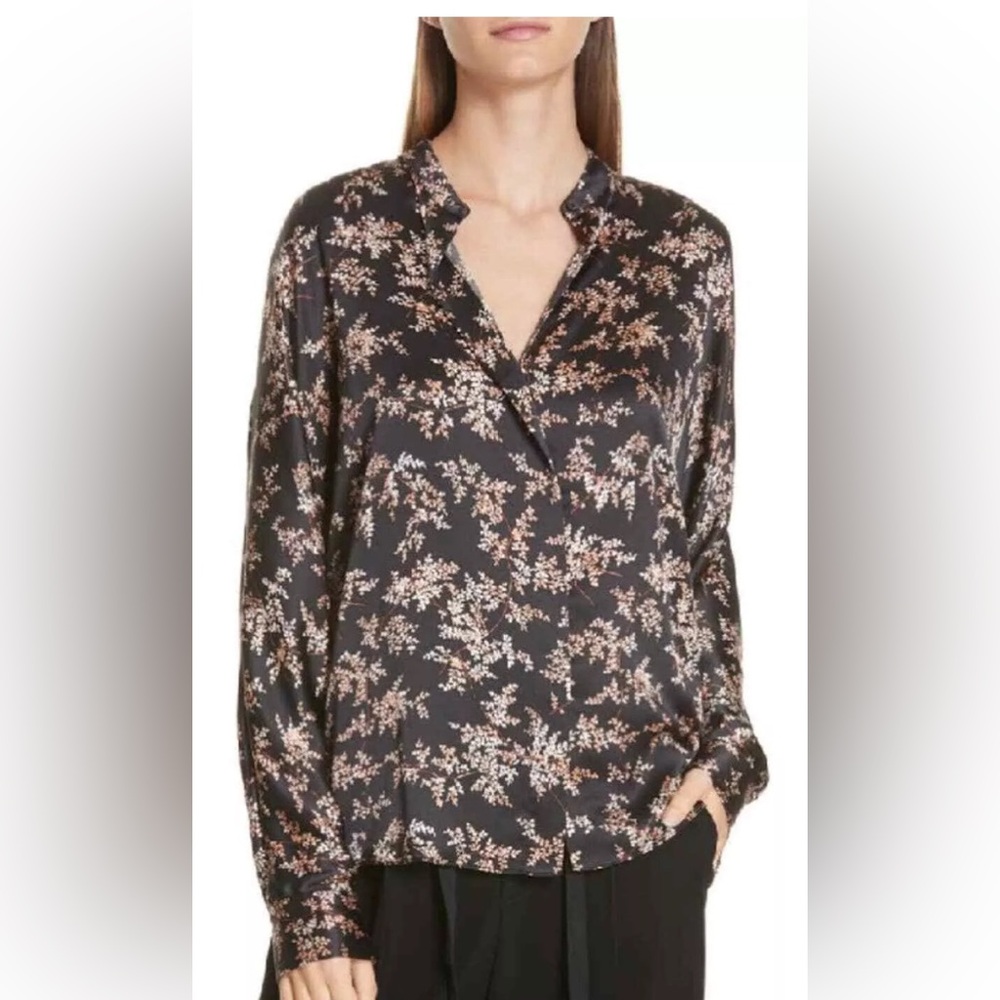 Vince Eden Leaf Branch 100% Silk Long Sleeve  Popover Blouse Size s Black